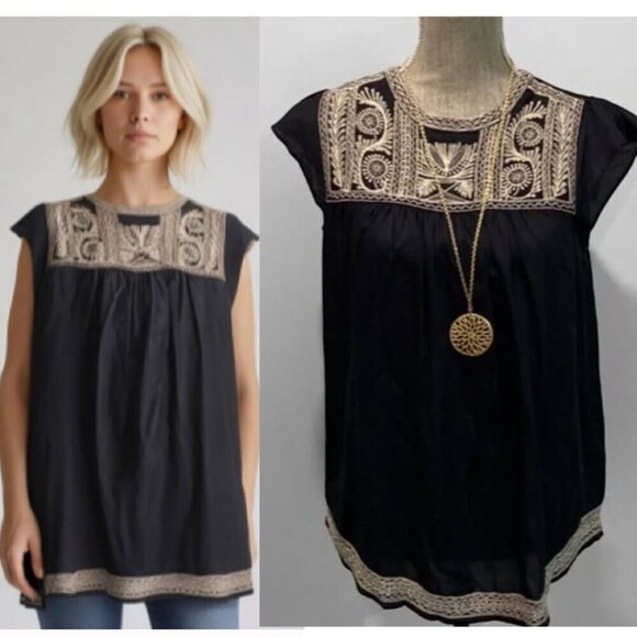 Joie Black Peasant Embroidery Cap Sleeve Blouse Small/Medium Fit - Picture 1 of 14